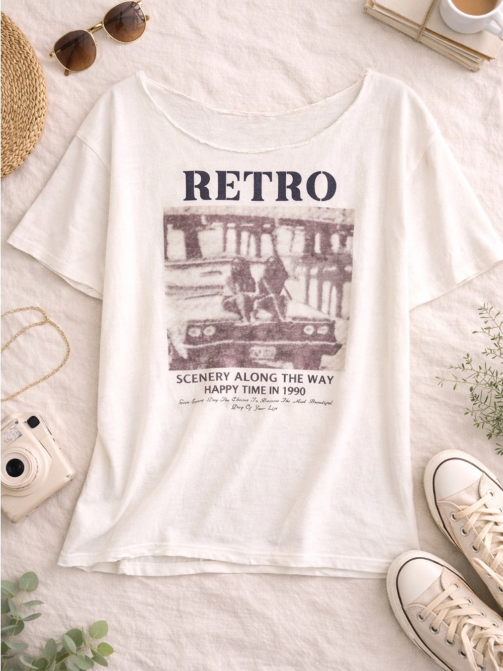 Vintage Off Shoulder Graphic Tee | Raw Hem Neckline | Oversized Fit